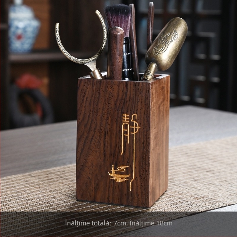 Baril de ceremonie de ceai din lemn de abanos cu finisaj auriu – set Six Gentlemen, accesorii pentru ceai: ac de ceai, linguriță, ceașcă, furculiță, ceainic cu diamante, pix, recipient de depozitare