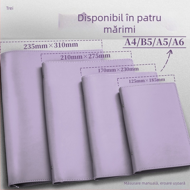 Carcasă din piele pentru dosare A4 și caiete cu foi detașabile, dimensiuni A5, B5 și A6.