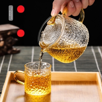 Ceainic din sticlă borosilikat cu model ciocănit, filtru pentru ceai, set de ceai