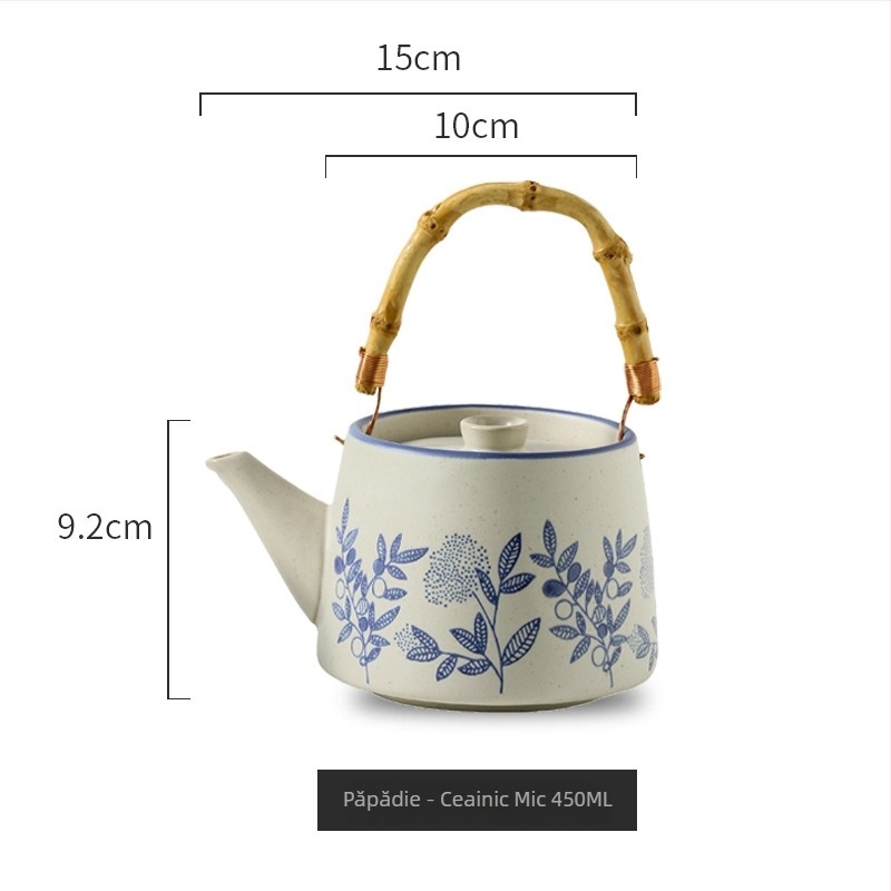 Ceainic în stil japonez cu ceașcă, set de ceai din ceramică albastru-alb, suprafață pictată manual