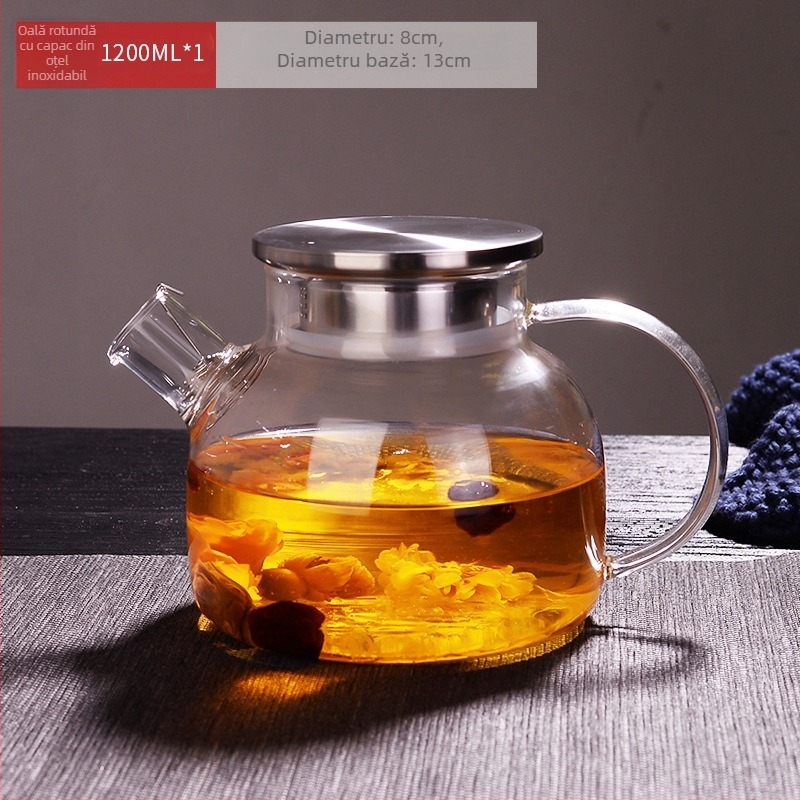 Ceainic din sticlă cu filtru, corp îngroșat, pentru ceaiuri din fructe și flori, compatibil cu plita ceramică electrică