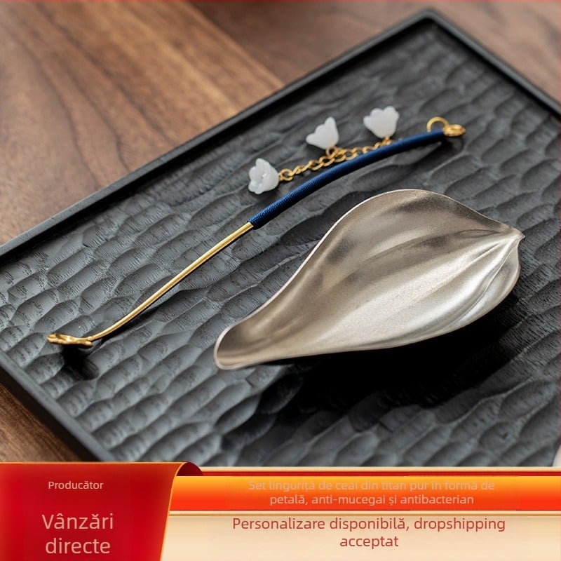 Set din două piese din titan pur, lingură de ceai cu petale de lotus și amestecător, stil vintage pentru degustare și împărtășire de ceai