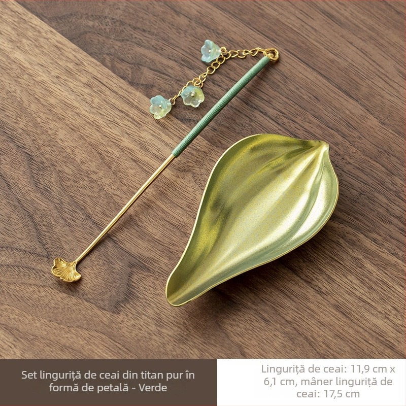 Set din două piese din titan pur, lingură de ceai cu petale de lotus și amestecător, stil vintage pentru degustare și împărtășire de ceai
