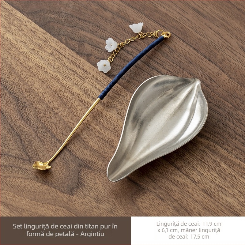 Set din două piese din titan pur, lingură de ceai cu petale de lotus și amestecător, stil vintage pentru degustare și împărtășire de ceai