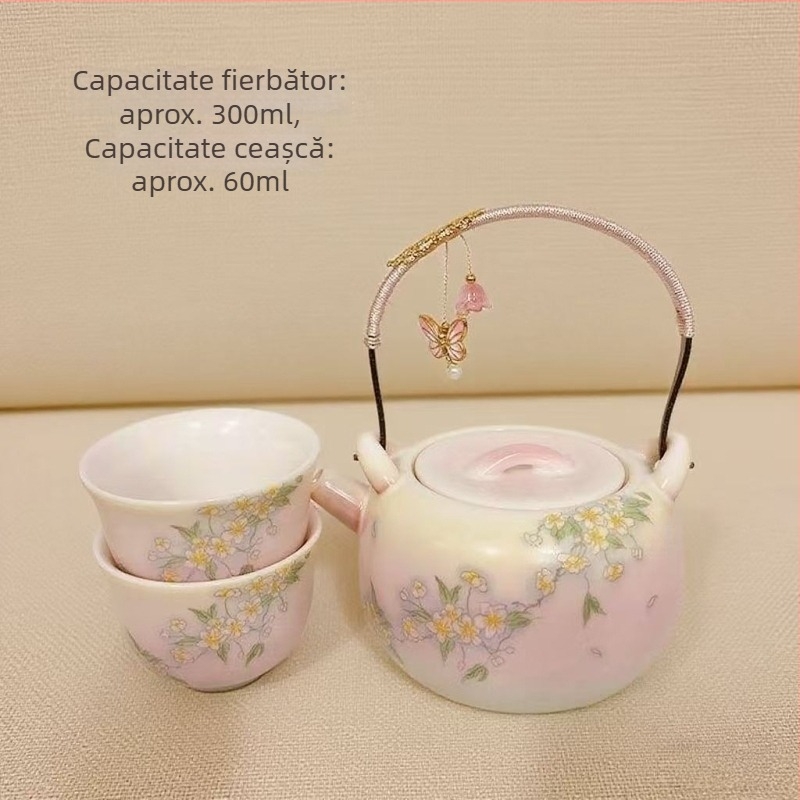 Set din porțelan ceainic și cești cu gradient jadeit, mâner floral verde-liliac