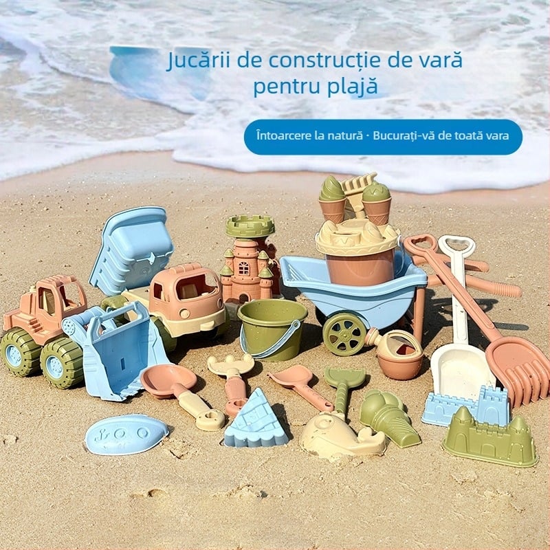 Set de jucării pentru plajă pentru copii: lopățică, găleată, clepsidră și unelte pentru săpat în nisip
