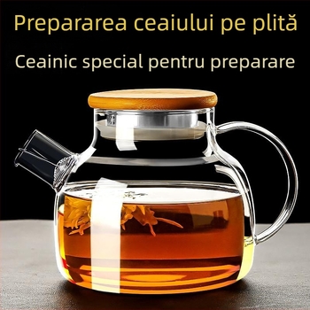 Ceainic din sticlă borosilică cu capac din bambus pentru ceai de flori, diametru mare, rezistent la temperaturi ridicate.
