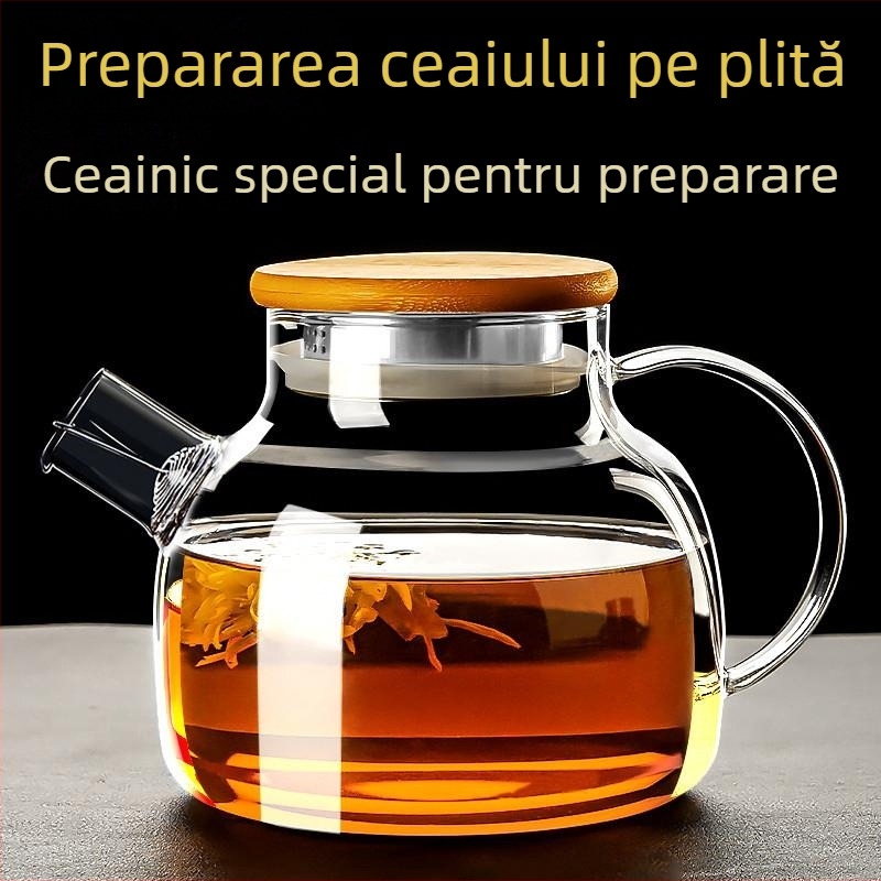 Ceainic din sticlă borosilică cu capac din bambus pentru ceai de flori, diametru mare, rezistent la temperaturi ridicate.