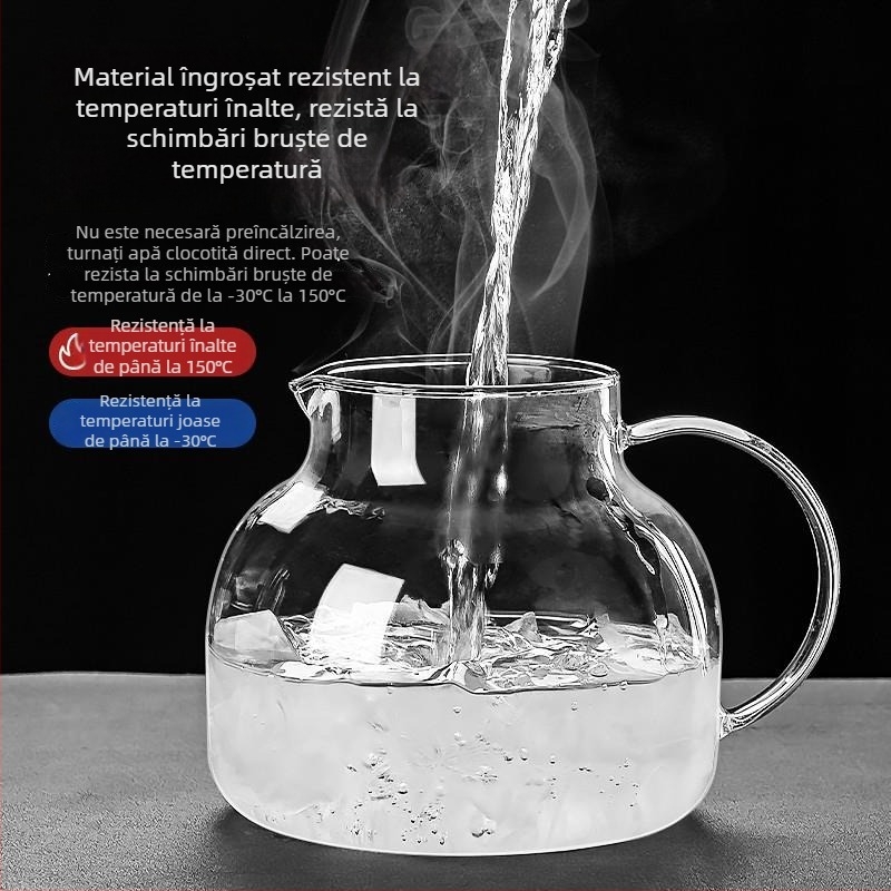 Ceainic din sticlă borosilică cu capac din bambus pentru ceai de flori, diametru mare, rezistent la temperaturi ridicate.