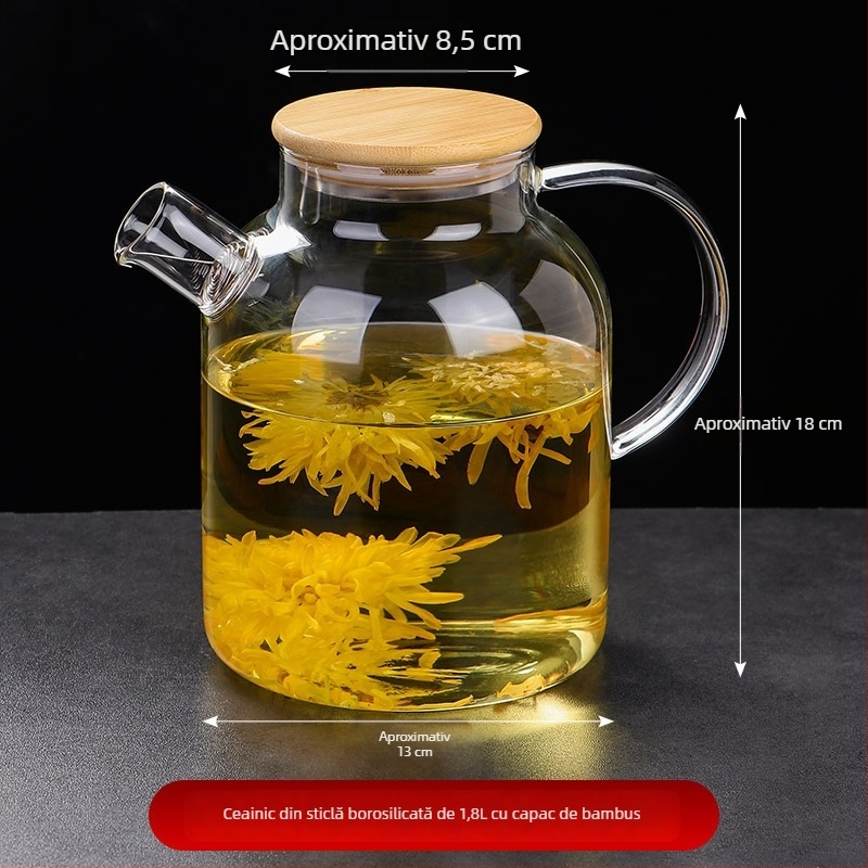Ceainic din sticlă borosilică cu capac din bambus pentru ceai de flori, diametru mare, rezistent la temperaturi ridicate.