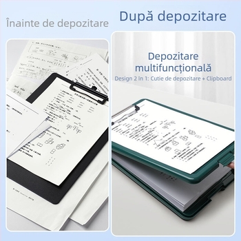 Mapă A4 cu suprafață de scriere, cutie de depozitare și clipsuri pentru tablă; organizator pentru foi de teste pentru elevi din învățământ primar.