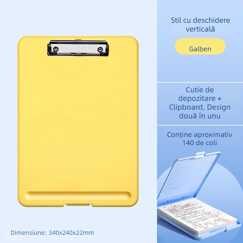Mapă A4 cu suprafață de scriere, cutie de depozitare și clipsuri pentru tablă; organizator pentru foi de teste pentru elevi din învățământ primar.