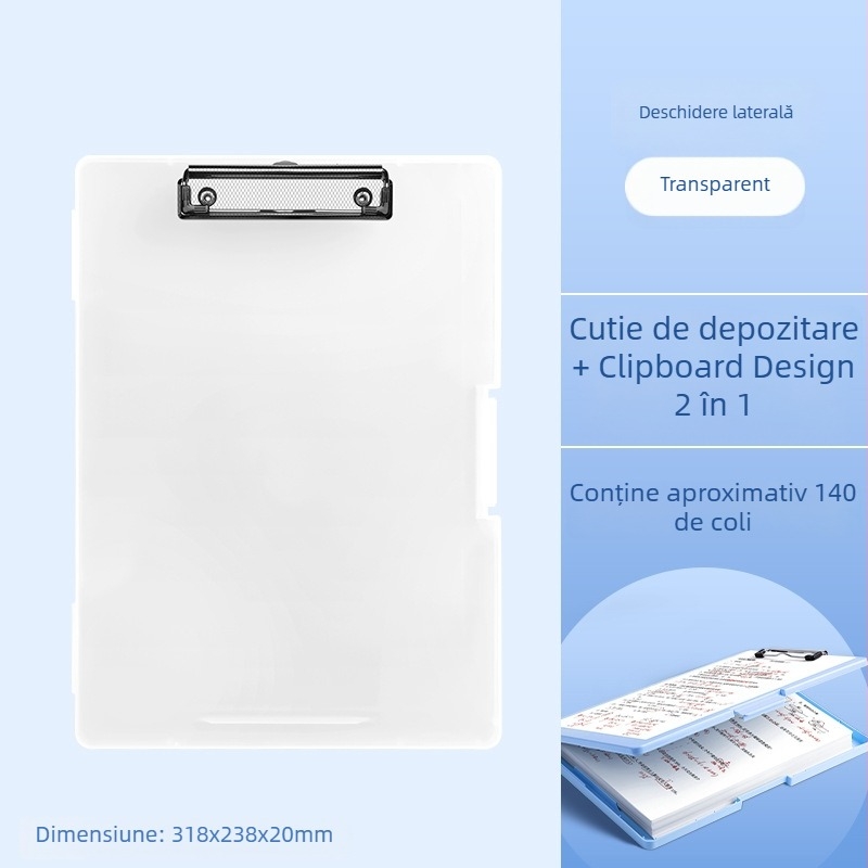 Mapă A4 cu suprafață de scriere, cutie de depozitare și clipsuri pentru tablă; organizator pentru foi de teste pentru elevi din învățământ primar.