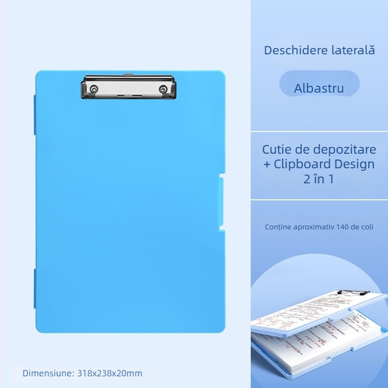 Mapă A4 cu suprafață de scriere, cutie de depozitare și clipsuri pentru tablă; organizator pentru foi de teste pentru elevi din învățământ primar.