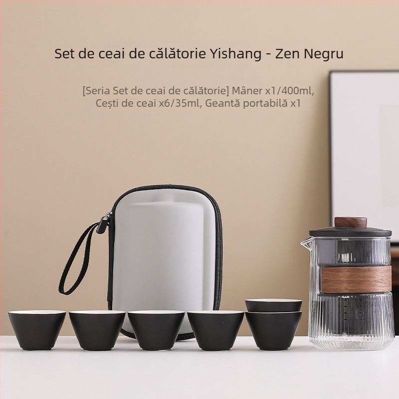 Set de ceai pentru călătorie din ceramică neagră, ceașcă portabilă și ceainic Kung Fu