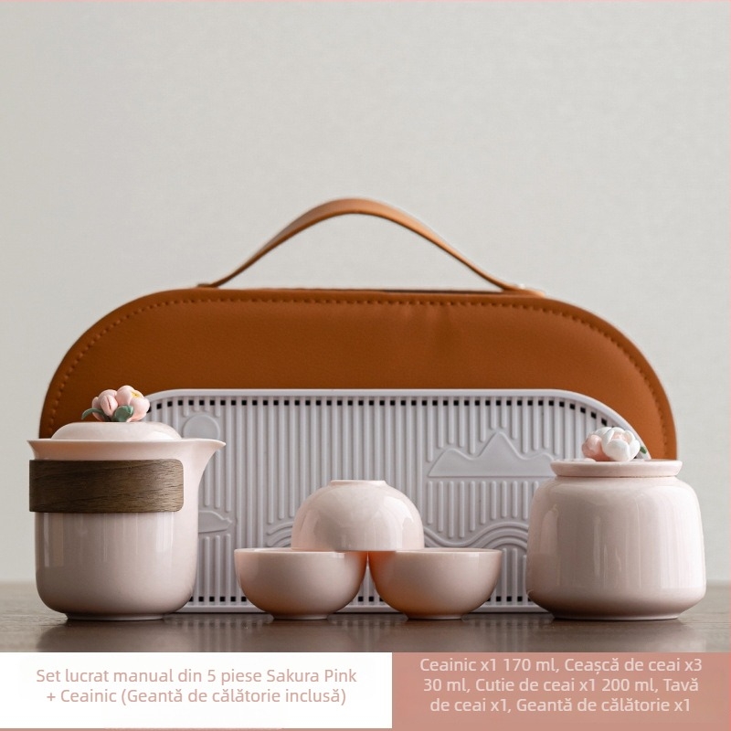 Set de ceai ceramic de călătorie, portabil, roz cu decor floral, ceainic cu protecție împotriva arsurilor și cești
