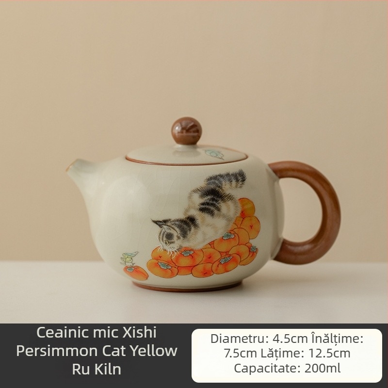 Set de ceai bej Ru Kiln Kung Fu, design Persimmon Cat, cutie cadou completă pentru sărbători