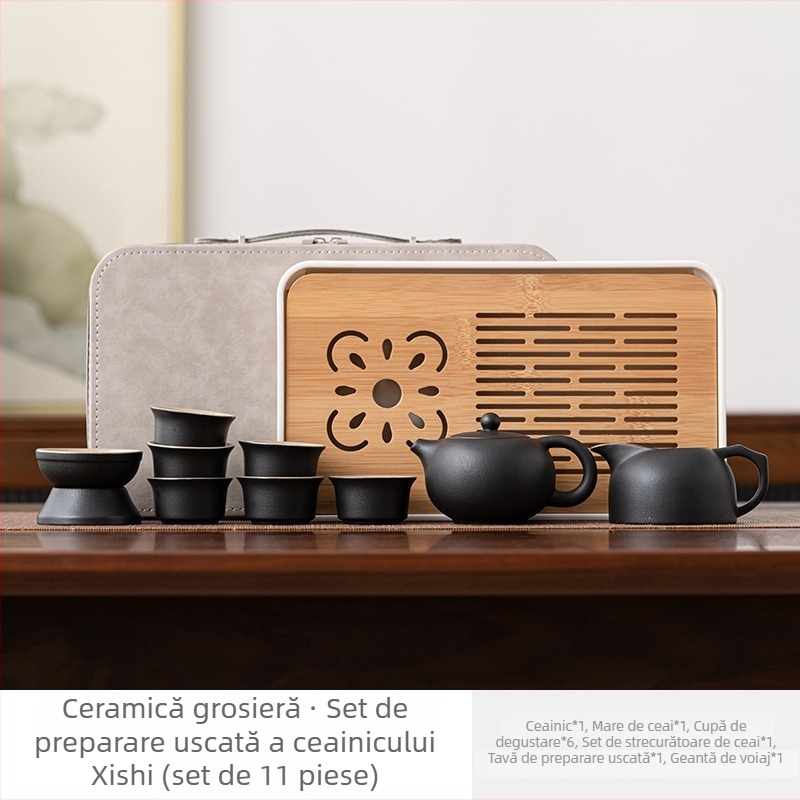 Set de ceai portabil în stil japonez, cu tavă pentru ceai, ceainic din ceramică neagră și cești