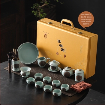 Set Kung Fu de ceai din ceramică pentru casă – ceainic, cești de ceai și tavă de ceai, într-o cutie cadou elegantă