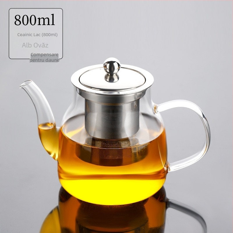 Ceainic de sticlă transparent pentru ceai de flori, cu filtru din oțel inoxidabil și capac