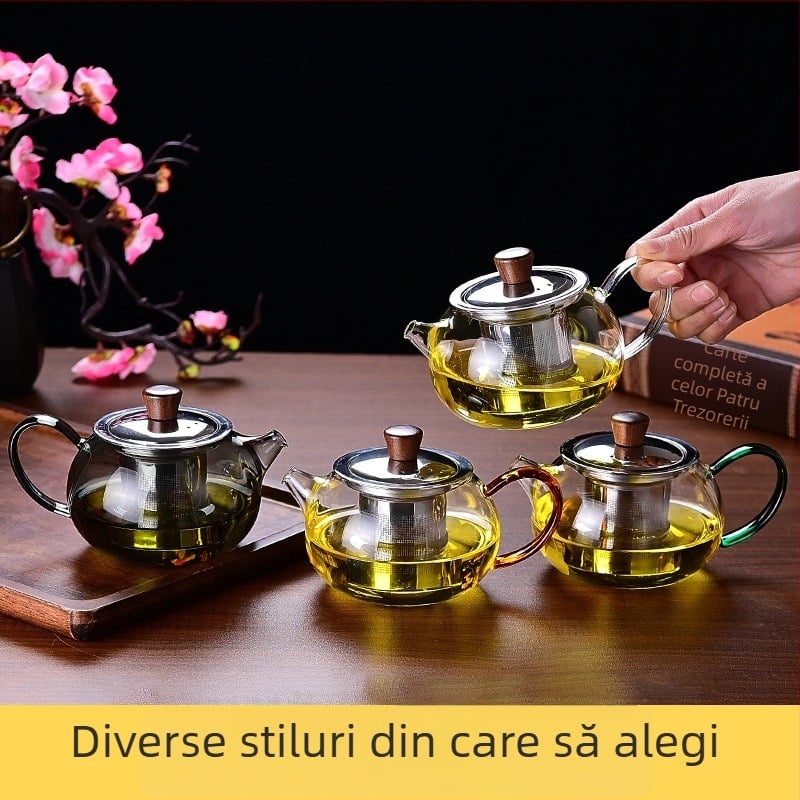 Ceainic Xi Shi cu interior din oțel inoxidabil și corp din sticlă, pentru plită electrică ceramică, cu gură integrată