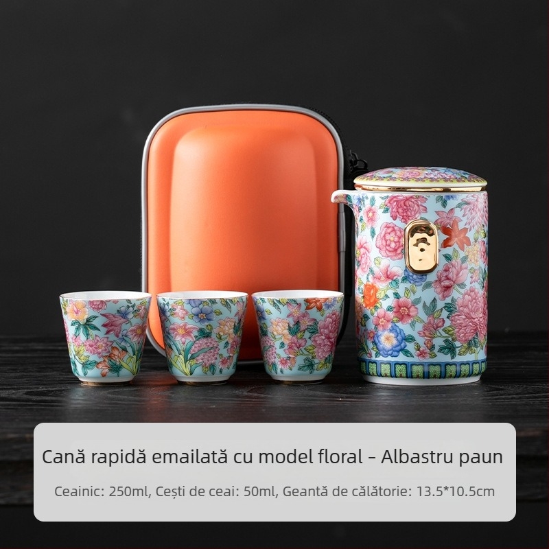 Set de ceai portabil pentru călătorii, ceainic și ceașcă din ceramică, emailat în culori, stil retro pentru camping.