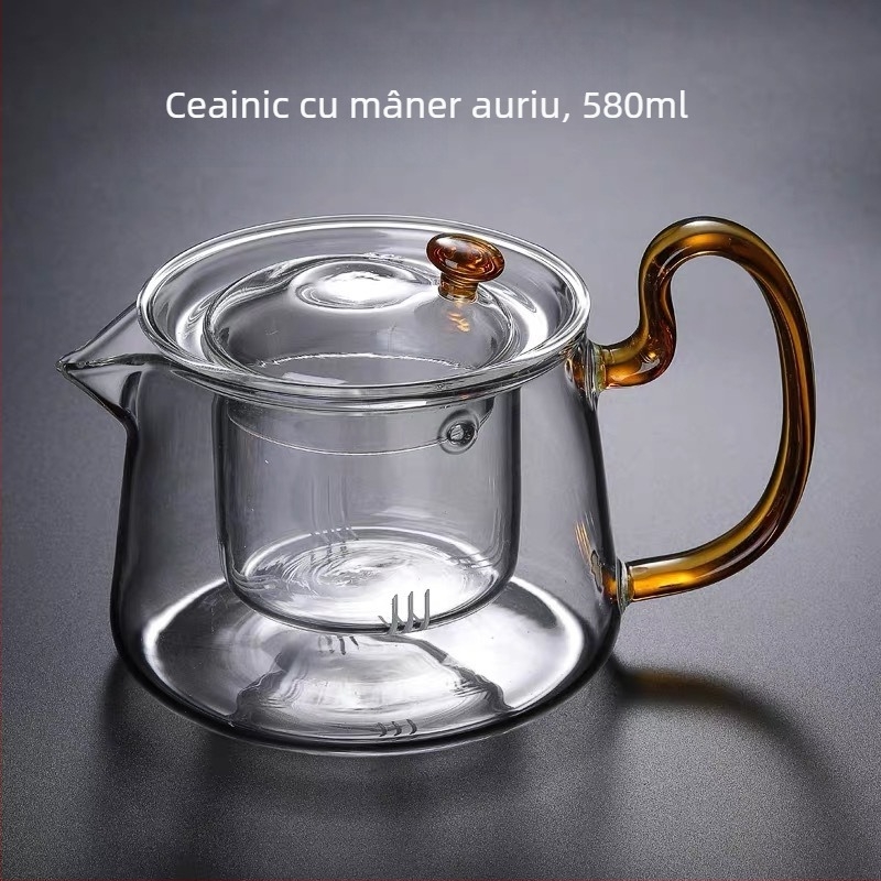 Ceainic din sticlă groasă, rezistent la temperaturi înalte, filtru transparent, compatibil cu încălzirea, set de ceai pentru uz casnic, 580 ml