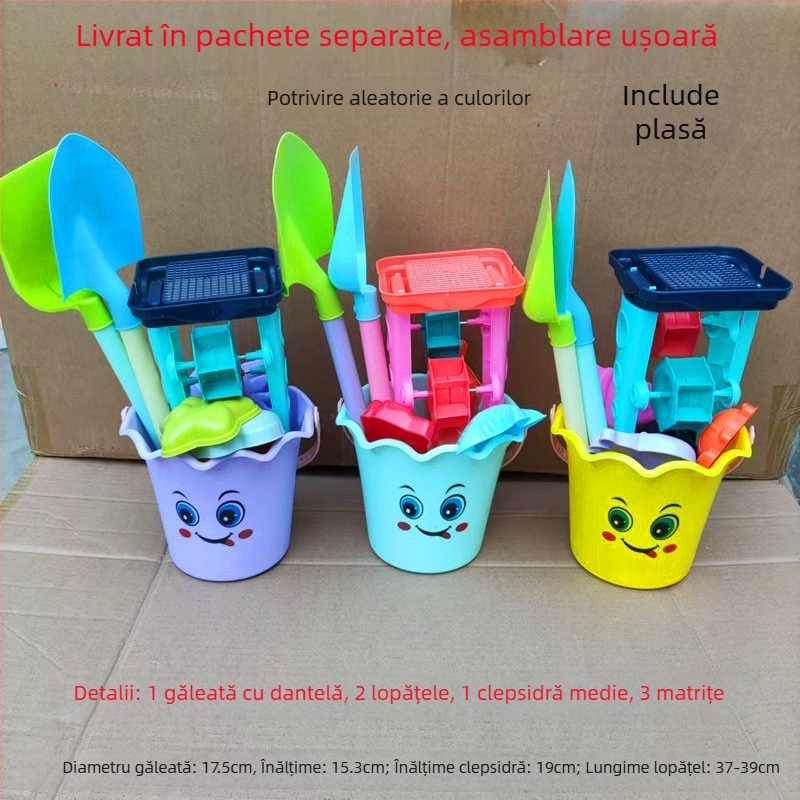 Set de jucării pentru plajă: găletuță, lopată, forme pentru nisip și clepsidră, pentru jocuri la malul mării