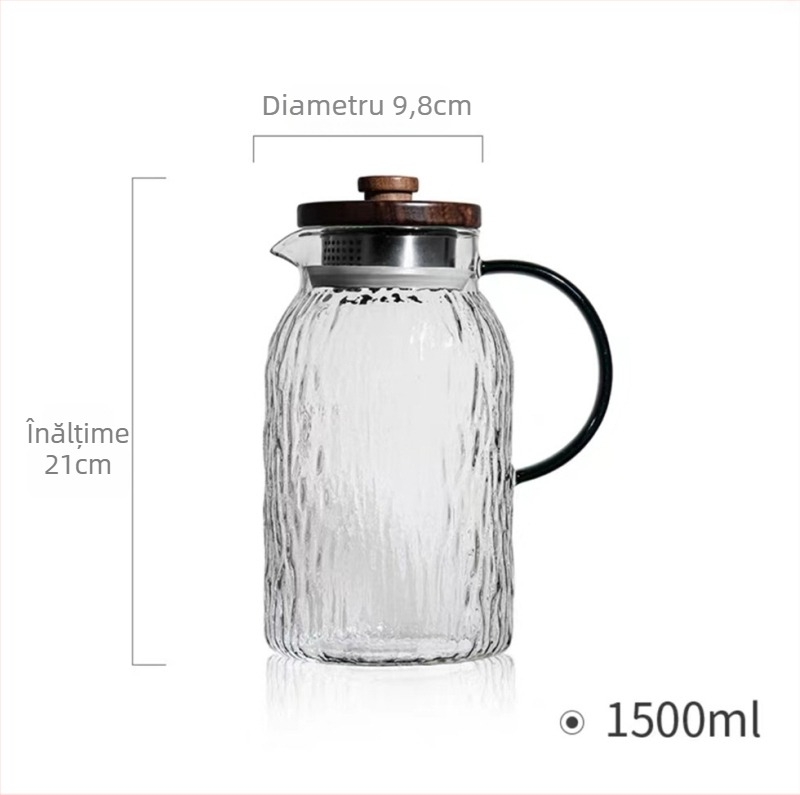 Sticlă de apă din sticlă cu textură ciocan, pentru sucuri, băuturi și ceai cu flori; design modern minimalist.