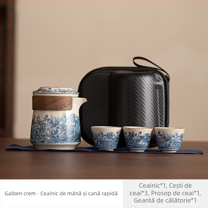 Set ceai de voiaj bej Ru Kiln: o oală, trei cești, infuzor de ceai portabil pentru exterior cu filtru, geantă de călătorie.