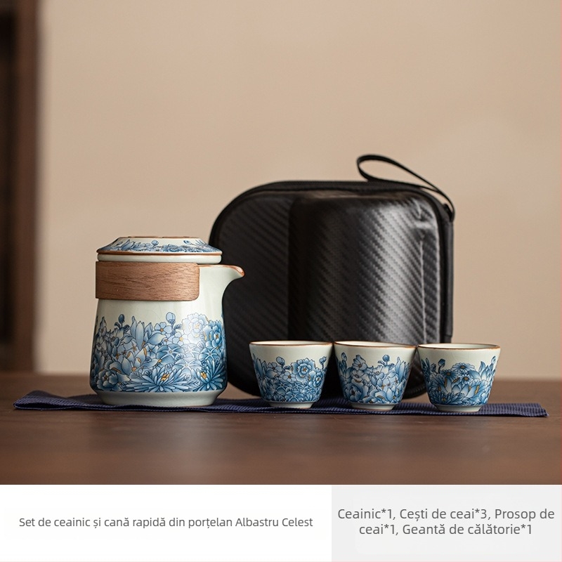 Set ceai de voiaj bej Ru Kiln: o oală, trei cești, infuzor de ceai portabil pentru exterior cu filtru, geantă de călătorie.