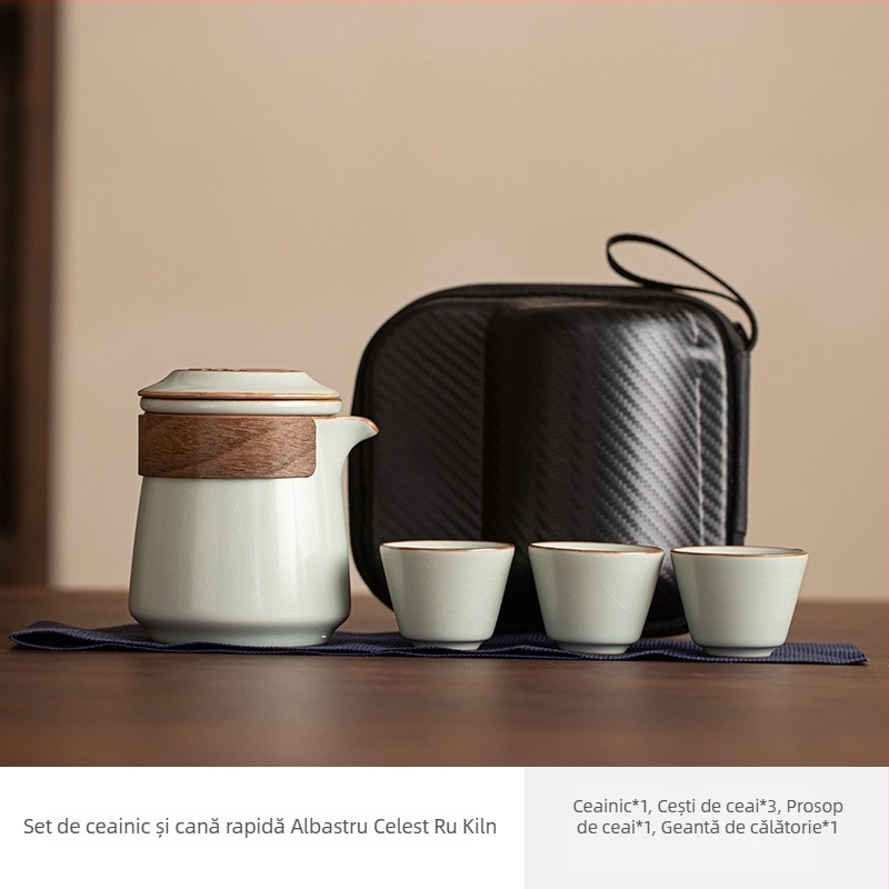 Set ceai de voiaj bej Ru Kiln: o oală, trei cești, infuzor de ceai portabil pentru exterior cu filtru, geantă de călătorie.