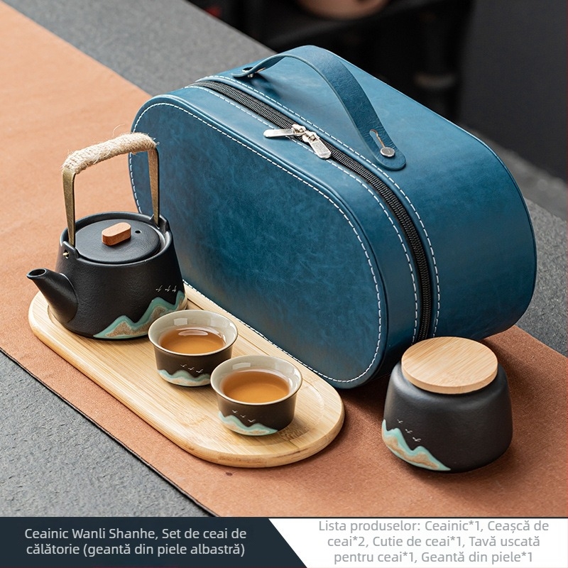 Set portabil de ceai ceramic pentru călătorii — un ceainic și două cești