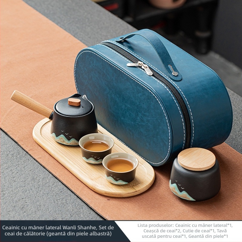 Set portabil de ceai ceramic pentru călătorii — un ceainic și două cești