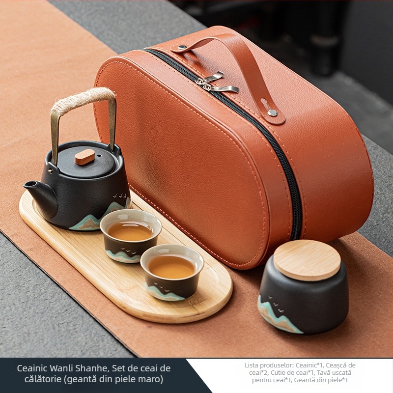 Set portabil de ceai ceramic pentru călătorii — un ceainic și două cești