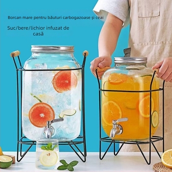 Sticlă în formă de butoi, cu robinet, pentru sucuri, apă, bere și ceai de fructe