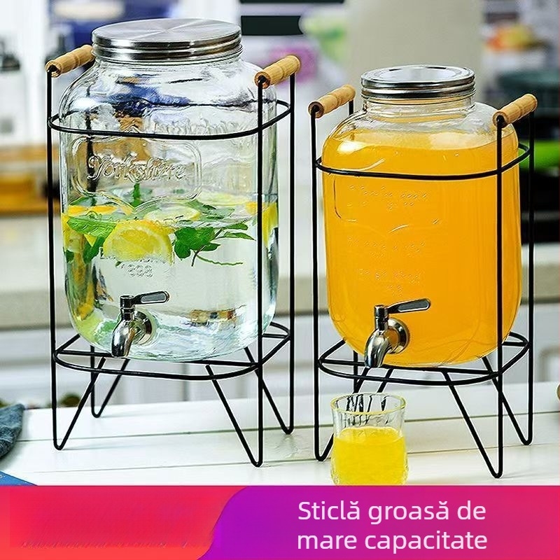 Sticlă în formă de butoi, cu robinet, pentru sucuri, apă, bere și ceai de fructe
