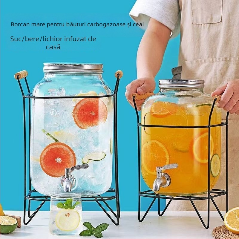 Sticlă în formă de butoi, cu robinet, pentru sucuri, apă, bere și ceai de fructe