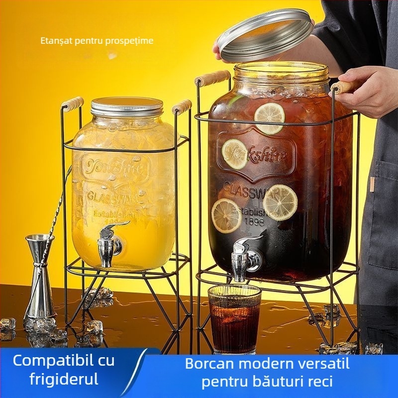 Sticlă în formă de butoi, cu robinet, pentru sucuri, apă, bere și ceai de fructe