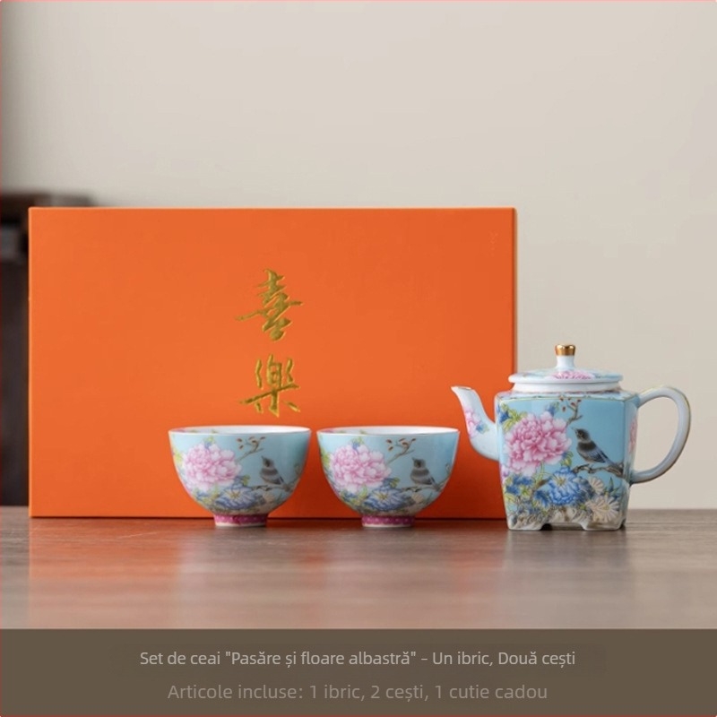 Set Gongfu de ceai din ceramică emailată, cu păsări și flori, cutie cadou