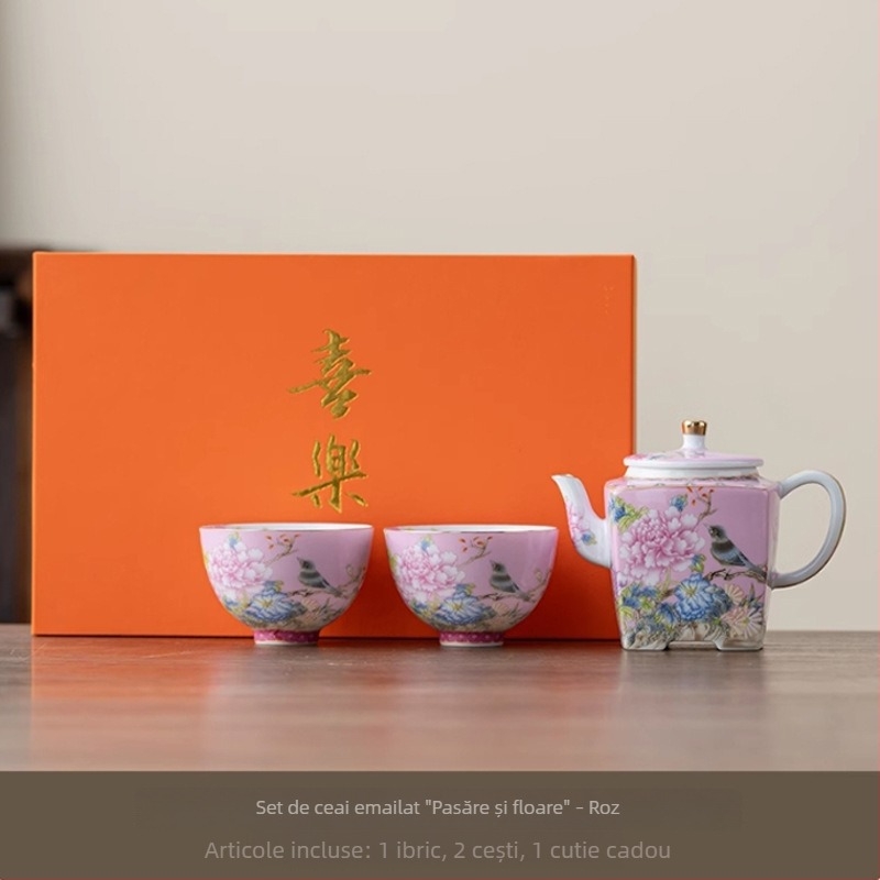 Set Gongfu de ceai din ceramică emailată, cu păsări și flori, cutie cadou