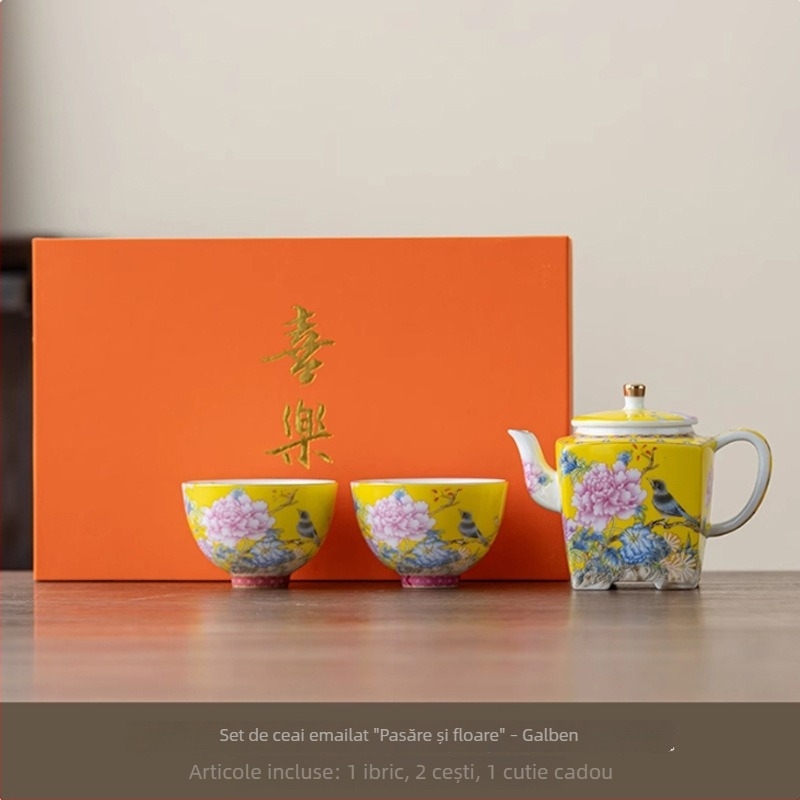 Set Gongfu de ceai din ceramică emailată, cu păsări și flori, cutie cadou