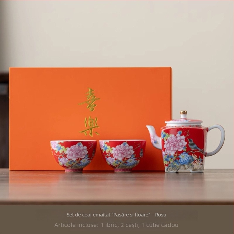 Set Gongfu de ceai din ceramică emailată, cu păsări și flori, cutie cadou