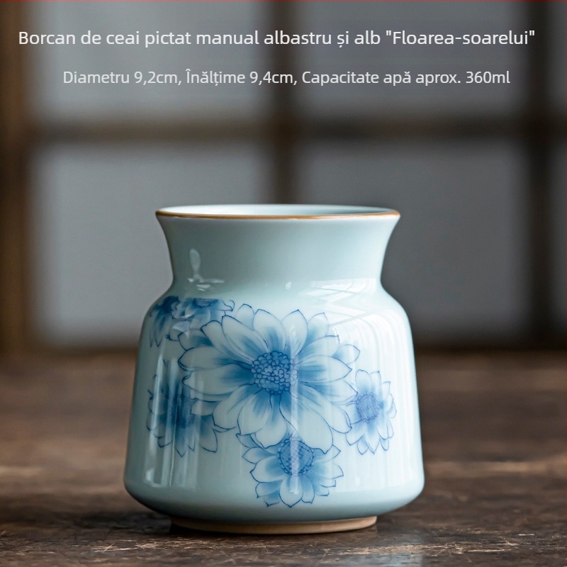 Set ceramic pentru ceremonia ceaiului cu șase domni, decor albastru-alb pictat manual, stil Zen vintage, include cuțitul pentru ceai și perie de întreținere a ceainicului, mic