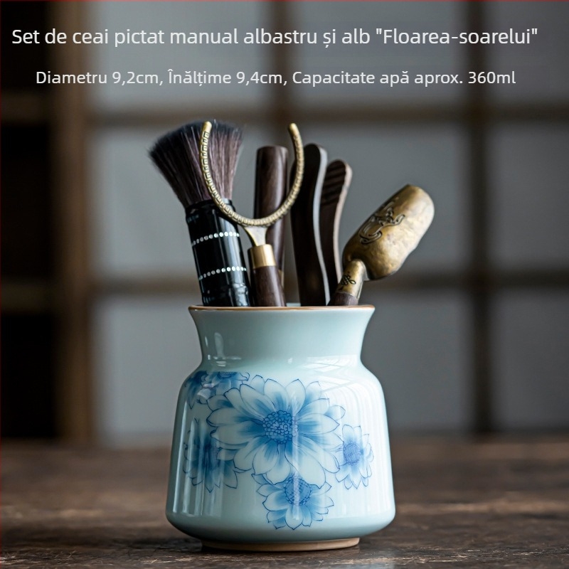 Set ceramic pentru ceremonia ceaiului cu șase domni, decor albastru-alb pictat manual, stil Zen vintage, include cuțitul pentru ceai și perie de întreținere a ceainicului, mic