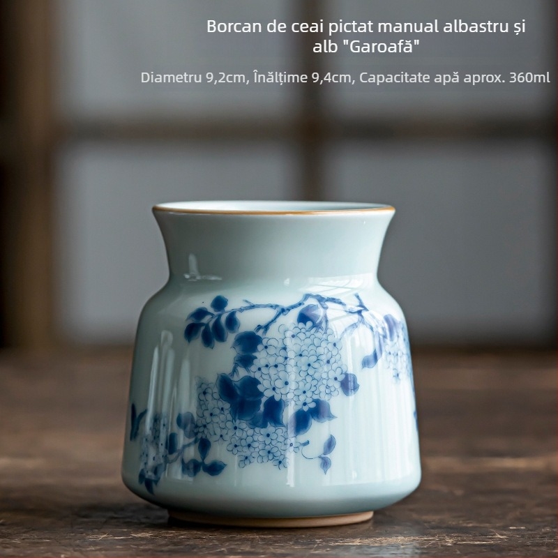 Set ceramic pentru ceremonia ceaiului cu șase domni, decor albastru-alb pictat manual, stil Zen vintage, include cuțitul pentru ceai și perie de întreținere a ceainicului, mic