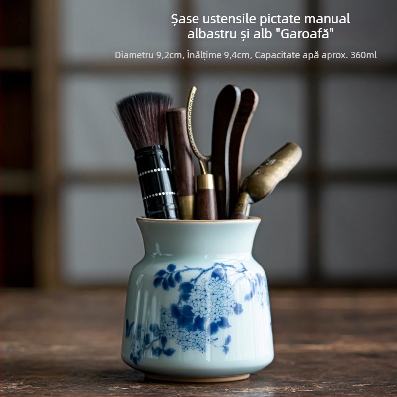Set ceramic pentru ceremonia ceaiului cu șase domni, decor albastru-alb pictat manual, stil Zen vintage, include cuțitul pentru ceai și perie de întreținere a ceainicului, mic