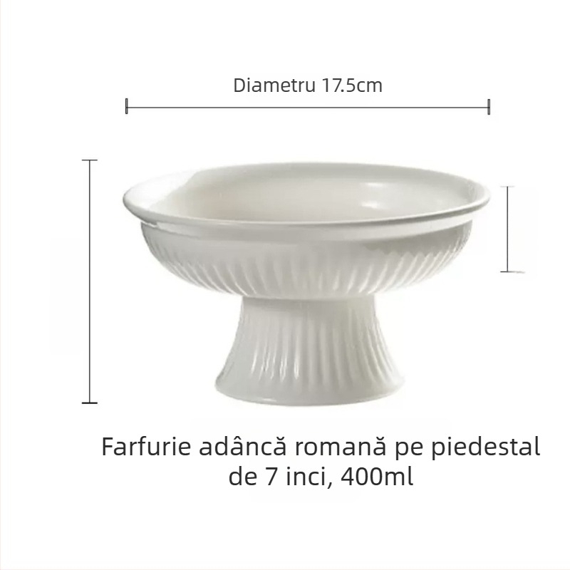 Farfurie de porțelan cu picior înalt și dungată, pentru ceai, gustări, feluri reci, fructe și deserturi — veselă de hotel