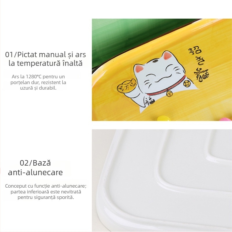 Farfurie de cină pătrată din porțelan, cu motiv desen animat, stil occidental, pentru steak, fructe și ceai.