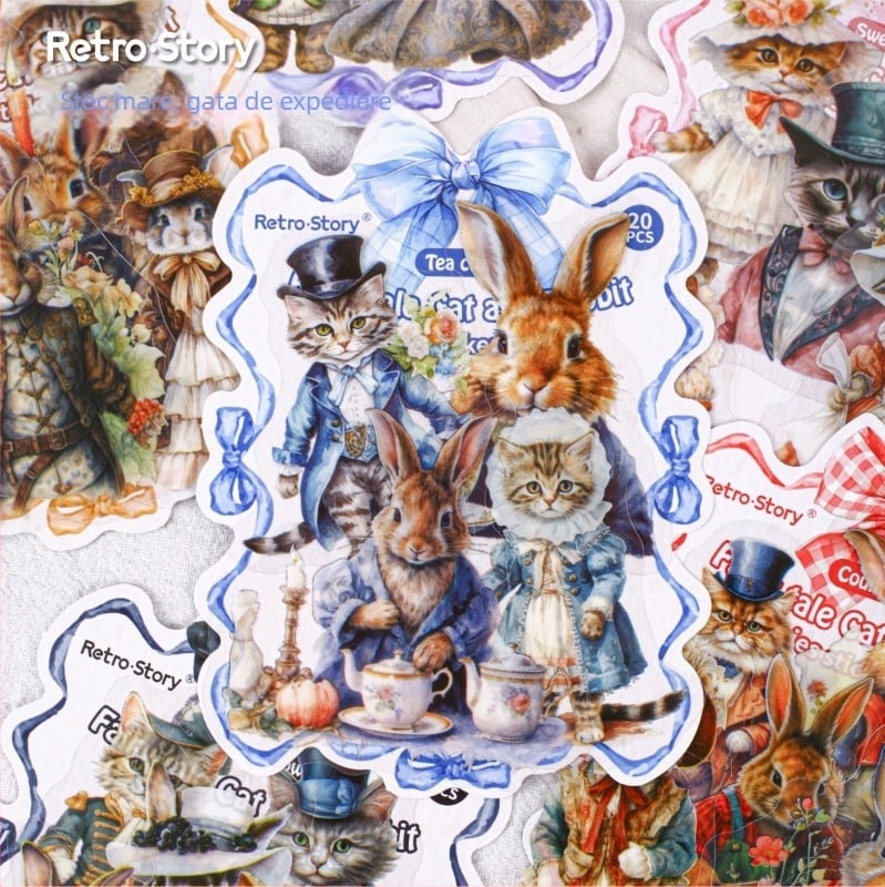 Retrostory Serie de basm: materiale decorative pentru colaj și jurnal cu pisică și iepure - autocolante